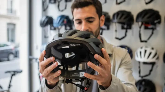 Cycliste urbain examinant un casque vélo en boutique spécialisée
