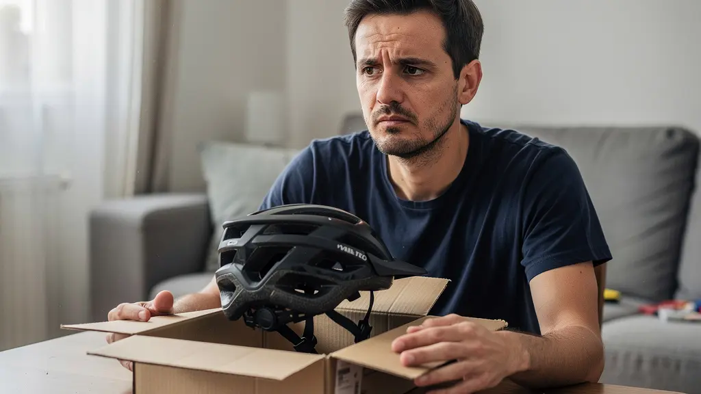 Personne déçue examinant un casque vélo de mauvaise qualité après déballage